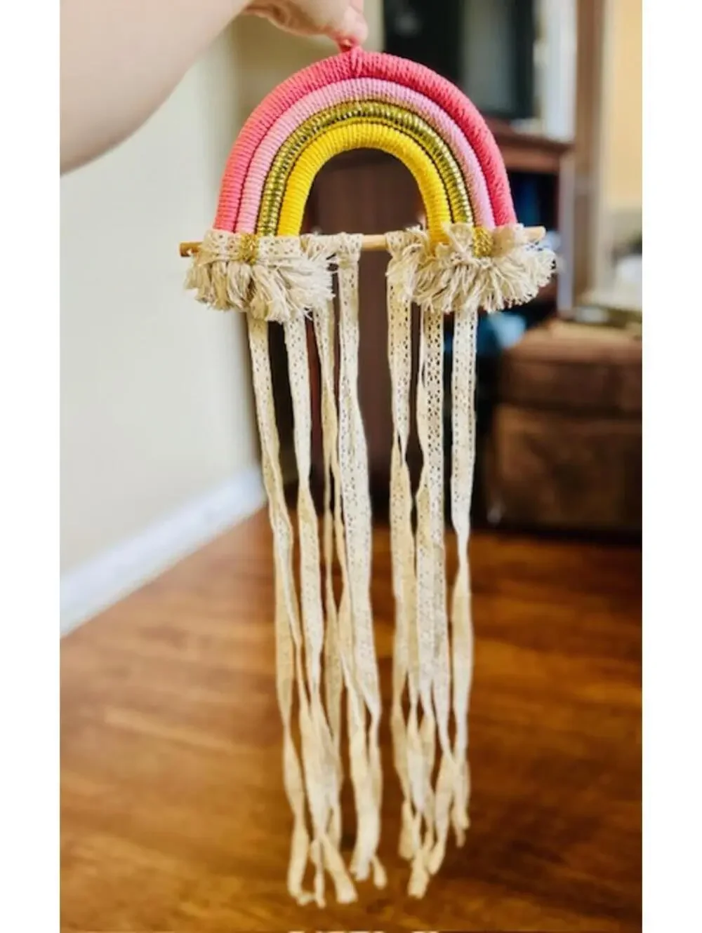 Colorful Handmade Rainbow Wall Hanging with Lace Tassels